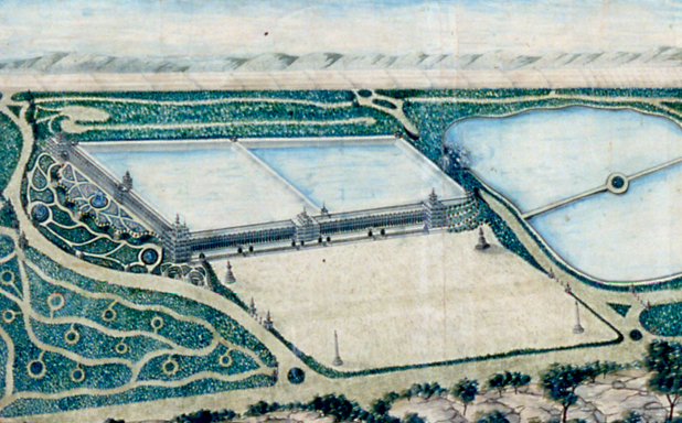Rink's plan included a monumental museum structure, along the south and east sides of the Croton Reservoir.