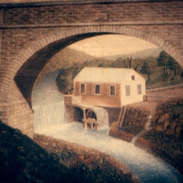 Painting by Frederick Agate, circa 1839, of Whitson's Mill, located to the east of the aqueduct arch. Shortly after this was painted a wooden bridge was erected under the arch to cross the Kill. The original painting is in the collection of the Ossining Historical Society.