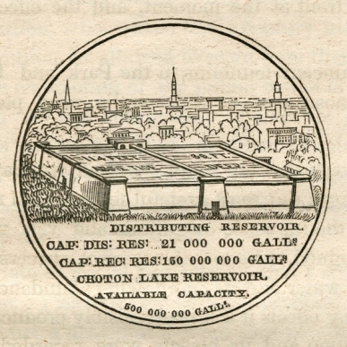 The design of one side of a commemorative medal made for the occasion. This image is taken from A Memoir of the Construction, Cost, and Capacity of the Croton Aqueduct ... by Charles King, New York: Printed by Charles King, 1843.